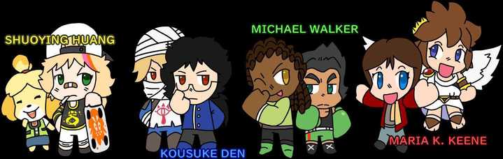 four human characters and four video game characters. Shuoying Huang/Isabelle, Kousuke Den/Sheik, Michael Walker/Little Mac, Maria K. Keene/Pit