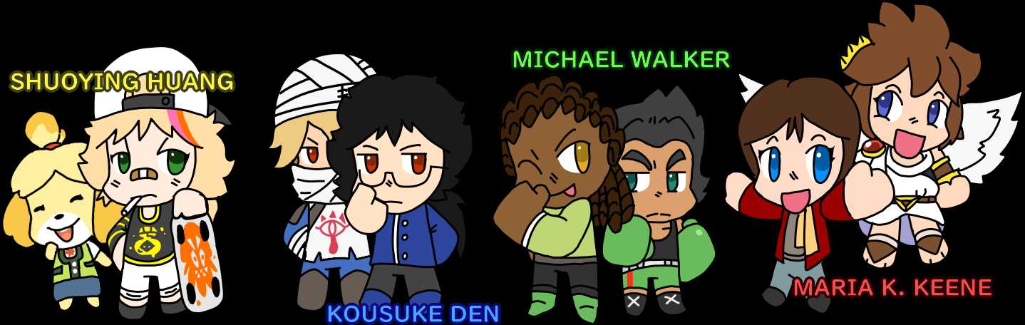 From left to right: Shuoying Huang/Isabelle, Kousuke Den/Sheik, Michael Walker/Little Mac, Maria K. Keene/Pit four human characters and four video game characters. Shuoying Huang/Isabelle, Kousuke Den/Sheik, Michael Walker/Little Mac, Maria K. Keene/Pit